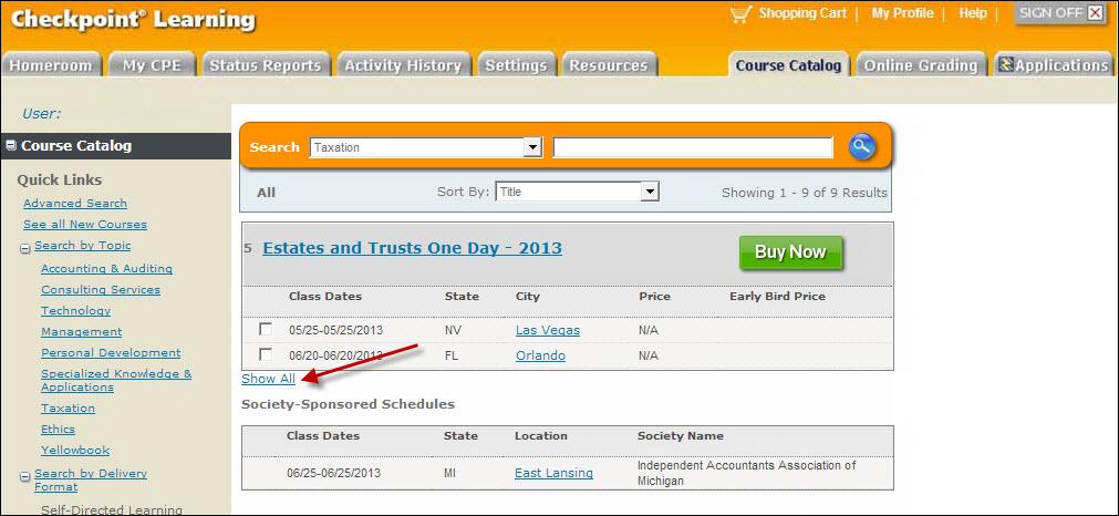 3. Click Show All to show the list of program dates and options. The list of program dates and options displays.