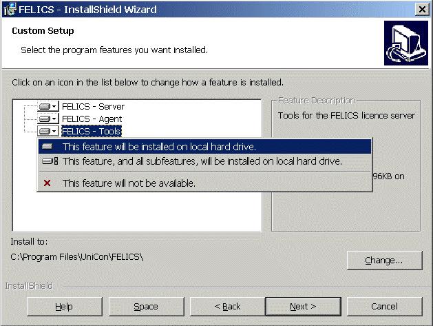 Setting up Licensing Install the appropriate FELICS components based on your configuration, and click Change if you want to change the directory where the FELICS software will be installed.