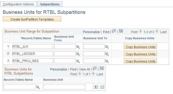 Chapter 3 Configuring Your PeopleSoft Real Time Bottom Line Structure Navigation Real Time Bottom Line, System Configuration, Configure General Option, Subpartitions, Business Units for RTBL
