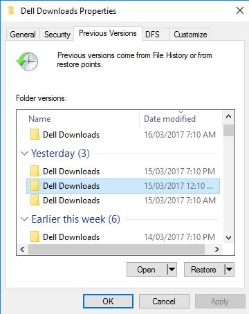 A list of available previous versions of the relevant file or folder will be listed. Identify and select the version of the file or folder you require.