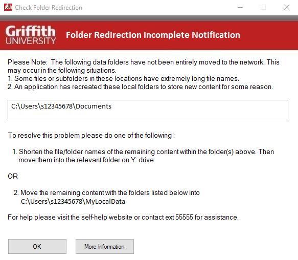 Folder Redirection incomplete message In rare situations, the computer may encounter a problem automatically redirecting all content from the local drive to the network.