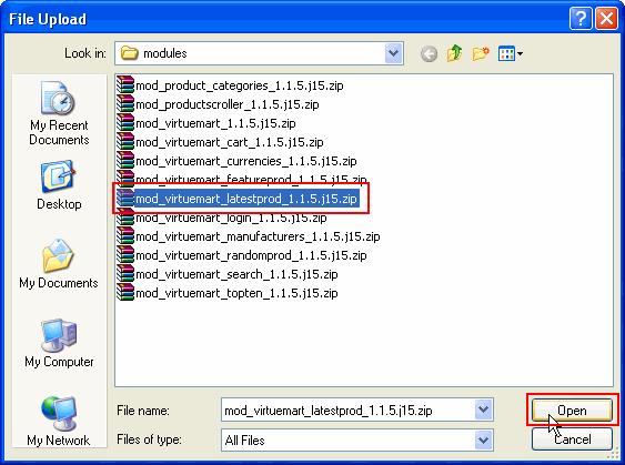 After clicking on the Browse Button a file navigator window opens. Navigate from VirtueMart complete installation package folder to modules folder via the file browser that opens up.