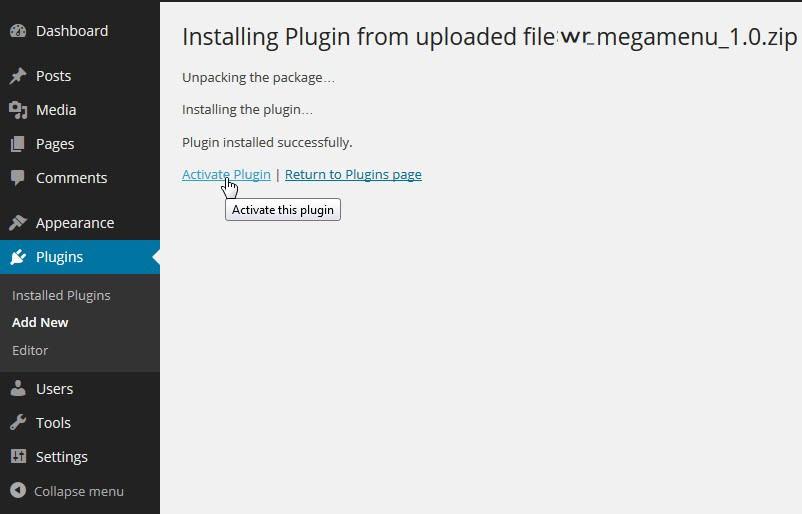 Or go to plugin -> Find WR Mega Menu plugin and click the
