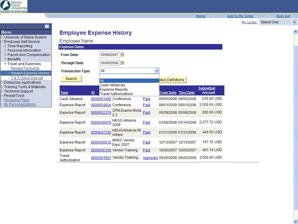 6. From the drop-down menu, you can select to view just Cash Advances, Expense Reports,