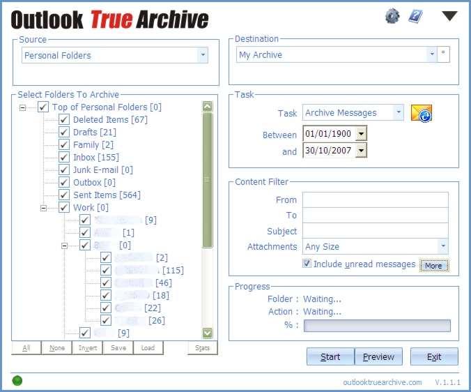 Outlook True Archive Main Screen Select a source PST for archiving. Select the destination PST into which your mail will be archived. Click the Configure button to access the advanced options.