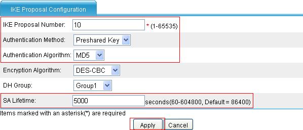 Figure 1-13 Create an IKE proposal numbered 10 Type 10 as the IKE proposal number. Select Preshared Key as the authentication method. Select MD5 as the authentication algorithm.