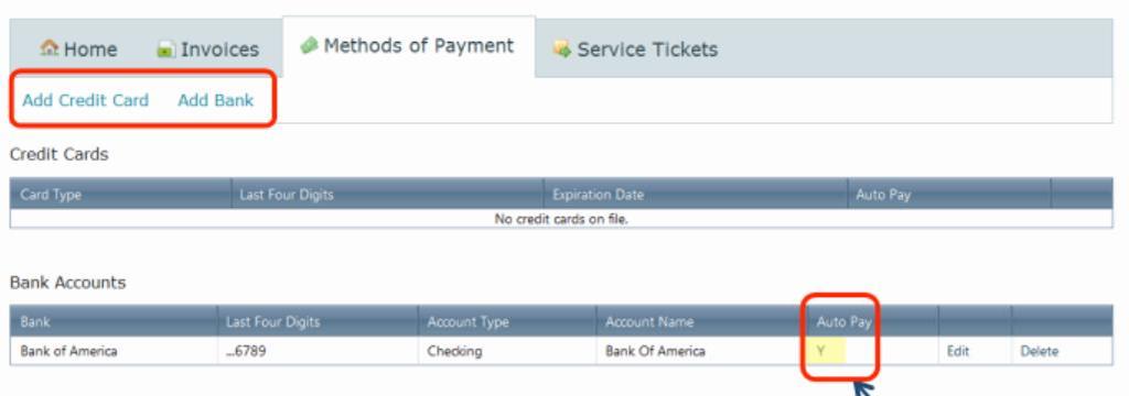 Methods of Payment Users may hover over an existing payment method to be used or not used for recurring invoices.