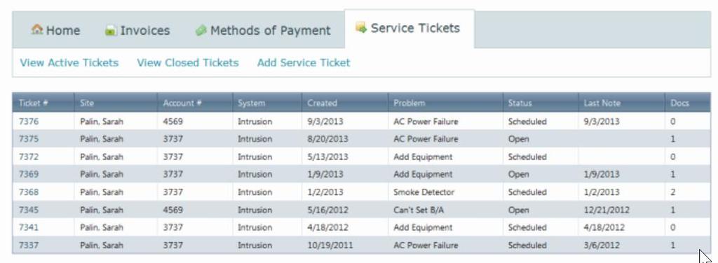 Service Tickets The Service Tickets tab allows a User to view active and closed tickets and gives the ability to create a service ticket.