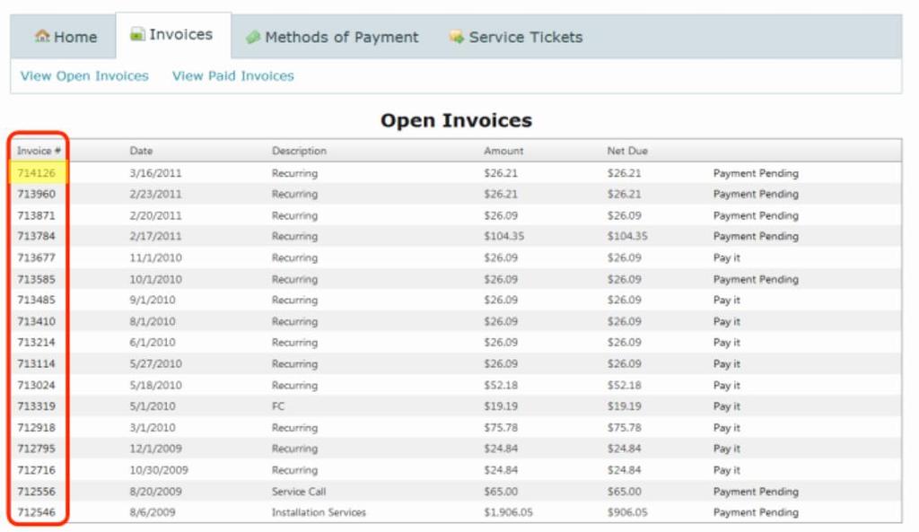 Invoices Open and Paid Next to the homepage tab is the Invoices tab, which allows customers to view open and paid invoices. 1.
