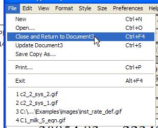 7. Now that the function is complete, we need to return to the Word document. From the File menu at the top of the Mathtype window, select Close and Return to Document.