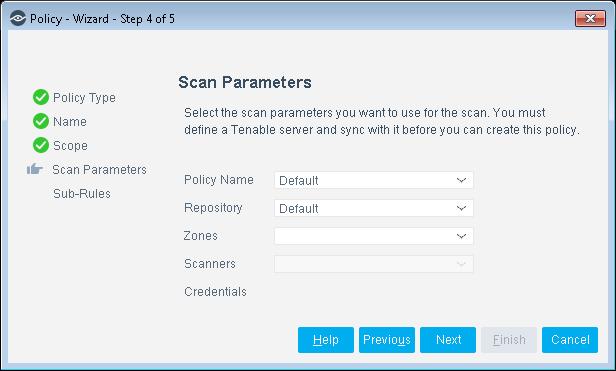 Set the Scan Parameters 10. Select the scan parameters to apply in this Tenable policy: Policy Name - Specifies which vulnerabilities are tested during the scan.