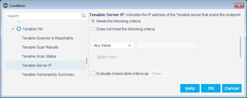 Tenable Server IP This property indicates the IP address of the Nessus scanner that scans the endpoint or of the SecurityCenter server that manages the scanner. Set the parameters and then select OK.