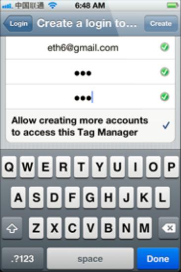 In the login screen, tap "Create a login to access Tag Manager" button.