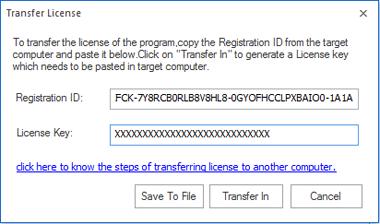 4. To get your License Key, click Transfer In button on Source Computer. This will generate a License Key. 5. You can also save the License Key generated on the source computer.