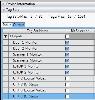 16. Repeat steps 10 12 for the Output Tag Sets, deleting Tag Sets Door_2_Monitor,