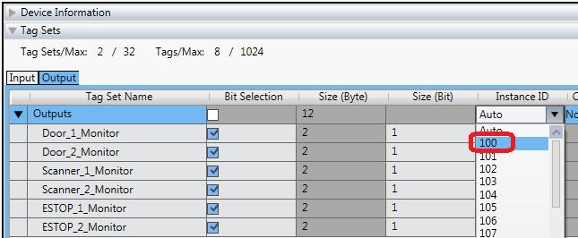 18. On the Outputs Tag Set, click Auto in the Instance ID column, and change it to 100.