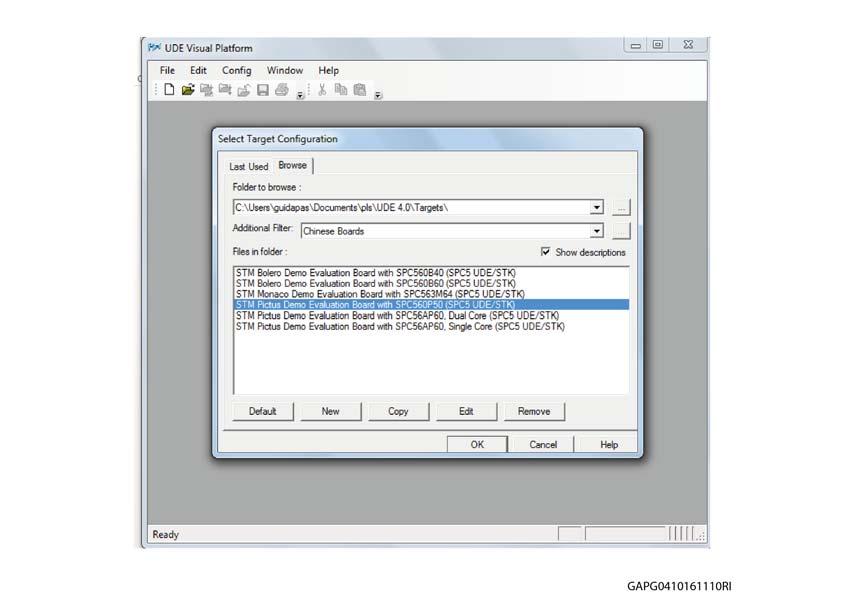 SPC560P-DISP: Load Firmware Figure 21. UDE Visual Platform: Select Target Configuration 5.