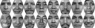 a) b) c) d) e) f) Figure 1: Images are normalized in five stages: a) Original image; b) Locate centers of eyes by hand; c) Rotate image; d) Crop image and subsample at 56 56 pixels; e) Mask out all