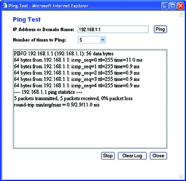 Enter the address of the PC whose connection you wish to test and how many times you wish to test it. Then, click the Ping button. The Ping Test screen will show if the test was successful.