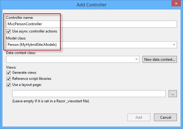 Selecting MVC 5 Controller with views and Entity Framework 3.