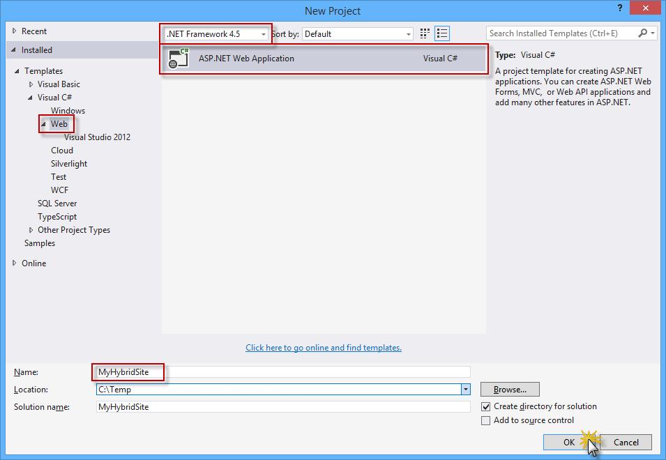 Creating a new ASP.NET Web Application project 3. In the New ASP.