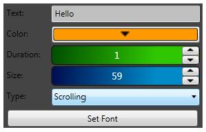 Text Scene Color defines color of the text. Duration is used only for scrolling text type.