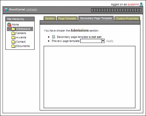 Manage Site Page (Site Studio Manager) Figure A 5 Secondary Page Template Tab of Manage Site Page (With No Page Selected) Element Description Click the icon to open the content information page for