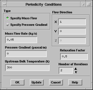 3. Set the periodic flow conditions. Define Periodic Conditions... (a) Select Specify Mass Flow under Type.