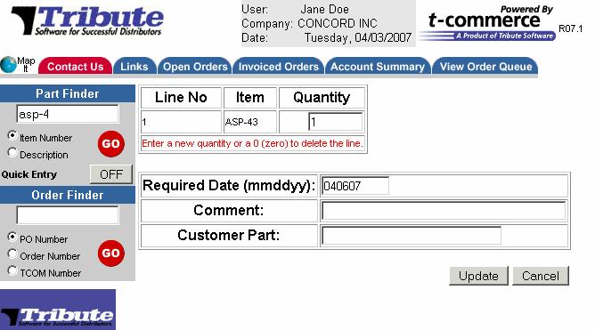 VIEWING THE ORDER QUEUE Change Line Detail You can click the Chg Line button to change the order quantity, change the required date, customer part number, and/or add a comment to the order line.