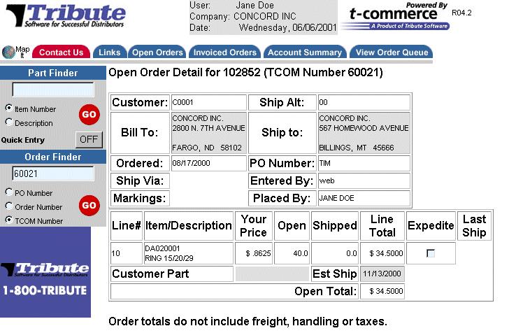 VIEWING ORDERS USING THE OPEN ORDERS TAB Viewing Order Detail Click the Order# button for an order to display detail information about it.