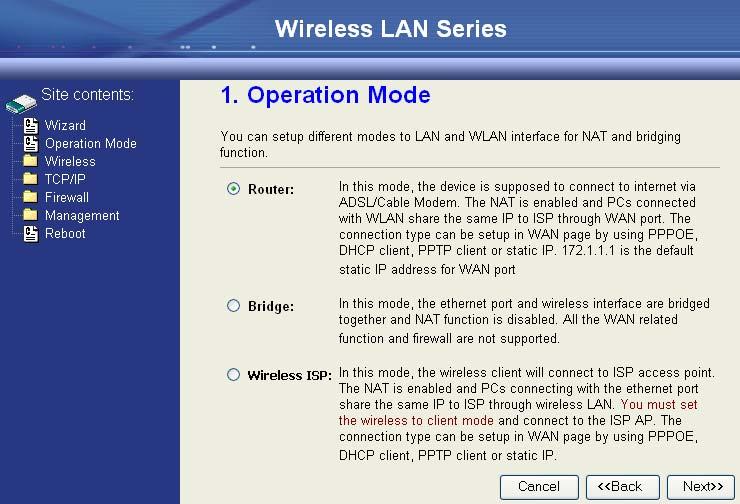 Configure DEV1: 1. Connect the ADSL modem to Ethernet port of device using Ethernet cable. 2. Access the web server (http://192.168.2.254) of device from the wireless station. 3.
