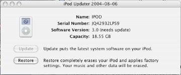 and the ipod Updater window displays the ipod name, serial number, software version, capacity, and the Restore button is available.