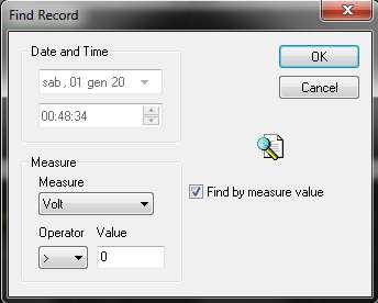 Select/deselect the "Find by measured value" check box to search for an event based on: Date and Time Threshold of a specific measurement, using the operators >, <, = to filter the events with a
