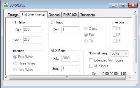All windows feature a main window - featuring tabs - showing the instrument s setup parameters and Measurement Campaign settings. The first tab, i.e. Timings, displays the Begin & End date and time of a survey, and the relevant data recording rate (Sample rate).