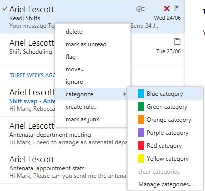 Categorising emails Assigning a category You can use categories to quickly identify related emails and calendar entries by assigning different colours and names to them.