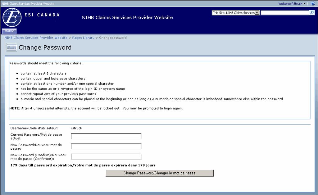 NIHB Claims Services Provider Website Logging into and Out of the NIHB Claims Services Provider Web- The Change Password page appears. 2. In the Current Password field, type your current password.