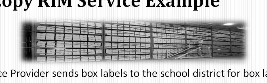 Hard Copy RIM Service Example RIM Service Provider sends box labels to the school district for box labeling The boxes are labeled by the school RIM Service Provider