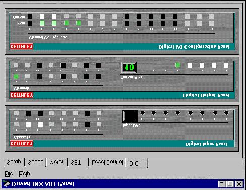 screen shot shows the DIO Tab. The immediate four grayed out bits to the right under the Digital Output Panel corresponds to 0-15 on the EXP-1800 in binary format.