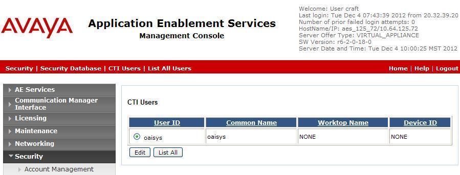 6.9. Administer Security CTI User Select Security Security Database CTI Users > List All Users from the left pane (not