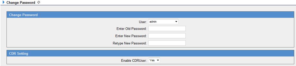 Enter Old Password The default password is password. Enter New Password Retype New Password To change the password, enter the new password and click update.