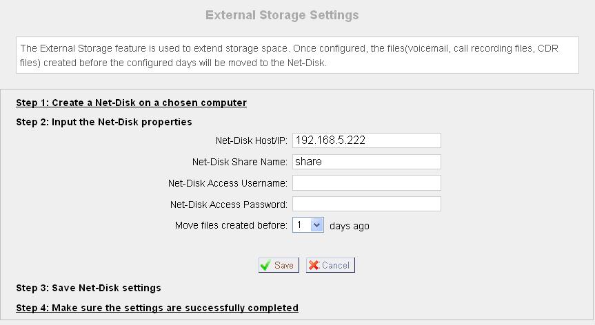 Step 3 Configure External storage settings on mpbx to Figure B-2 Figure B-2 External storage Setting Net-Disk Host/IP: Change this to the IP address of the computer where backup files will be stored.