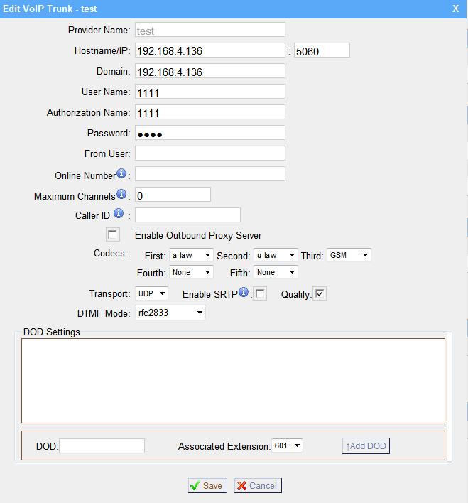 Figure 3.3.2.4.1 2. Add IAX Trunk Input correct IAX information (provided by VOIP provider). Inaccurate information will prevent the trunk from registering.