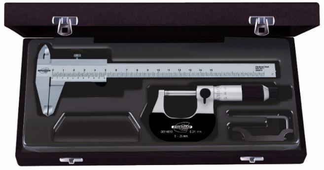 TOOL SET WITH VERNIER READING Tool set including: 1 Micrometer with a 0 25 mm measuring range, reading to 0,01 mm 00114010 1 Caliper with a 0 150 mm measuring range, vernier reading to 0,05 mm