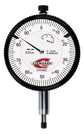 Ø 40 MM DIAL GAUGE, READING 0.01 MM Full-metal bezel and case housing. Shank and plunger in hardened stainless steel. Steel ball tip with a 3,175 mm diameter. Adjustable tolerance pointers.