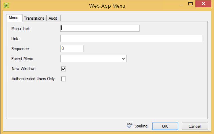 CHAPTER 16: Configure Web Menus Menu Tab of the Web App Menu Dialog Box 3.