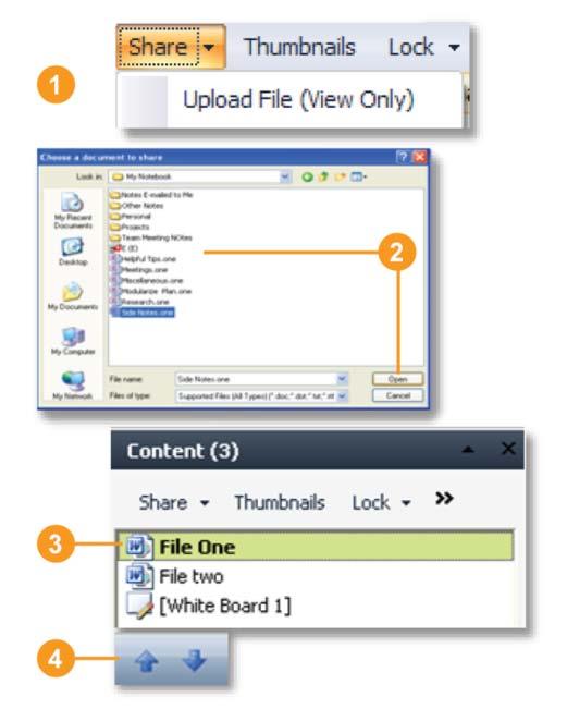 In the Choose a document to share dialog box, select a file to import, then click Open to import the file. To present the file, from the Content pane, select the file you want to present.