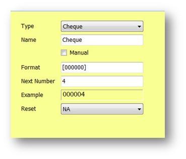 If your cheque number has a specific format you can key it in the Format field.