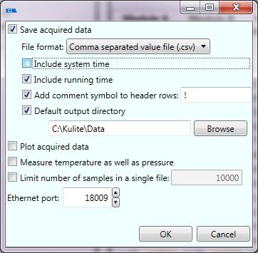 Save acquired data: If this option is selected, data will be saved to disk. Every data sample is time stamped by the device. This time stamp is saved in the output file along with the measured value.