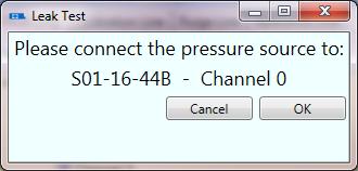 Clicking Go will start the test. The software will then prompt the user to connect the pressure source to the first selected channel. When ready, the user should click OK.