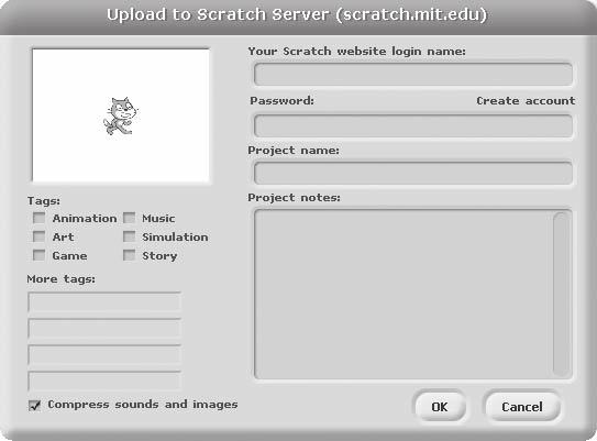 Scratch 1.4 E-381 Figure B.8 Sharing a Scratch 1.4 project on the Scratch 2.0 website.